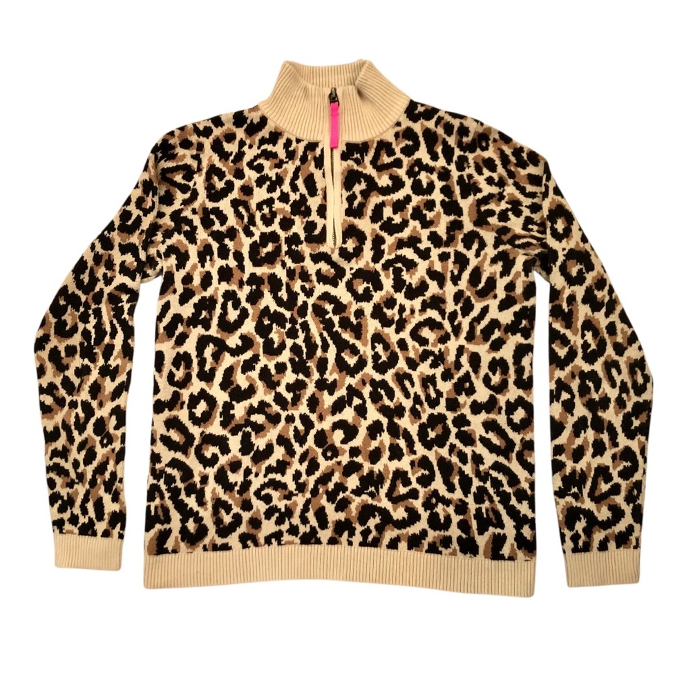 J. Crew 1/3 Zip Leopard Print Sweater with Fuchsia Zipper Pull Size XS